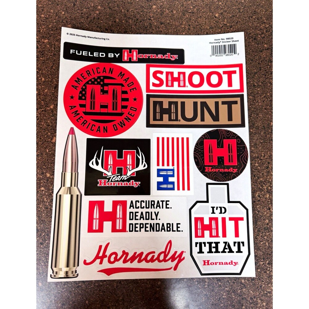Hornady Hunting Sticker Sheet Decals Vinyl Glossy Indoor/Outdoor 8.5x11 NEW